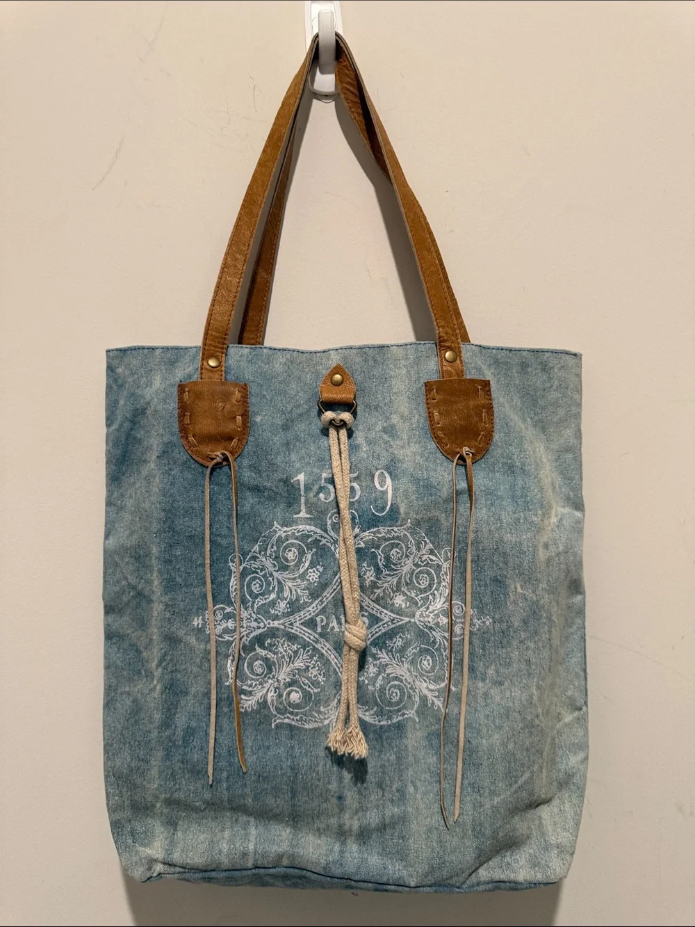 Denim Blue Tote with Brown Leather Handles and Tassel